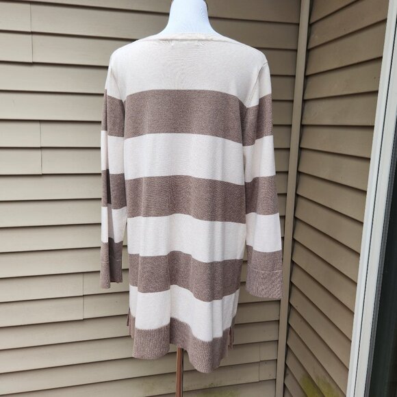 Multicolor Striped Tunic Sweater Brown Cream Pockets 100% Cotton Earth Tones - Picture 9 of 12